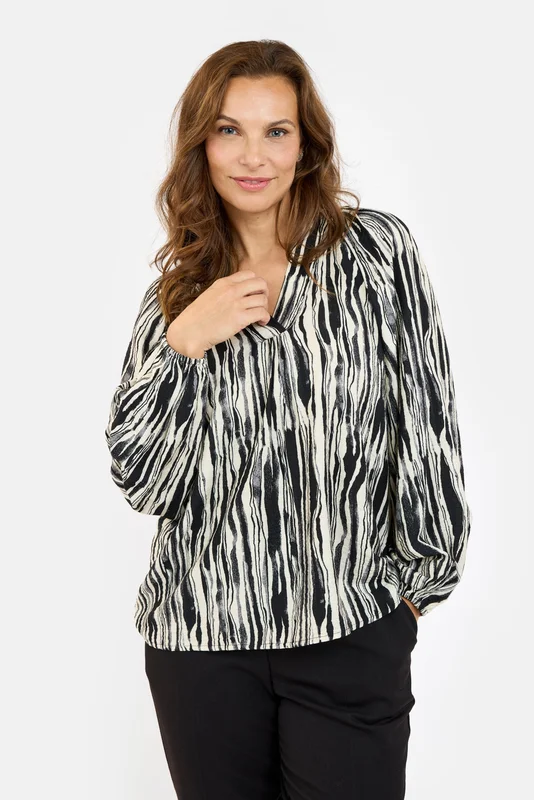 B. COPENHAGEN - Langærmet Bluse - Beige / Sort Mix - Mønstret