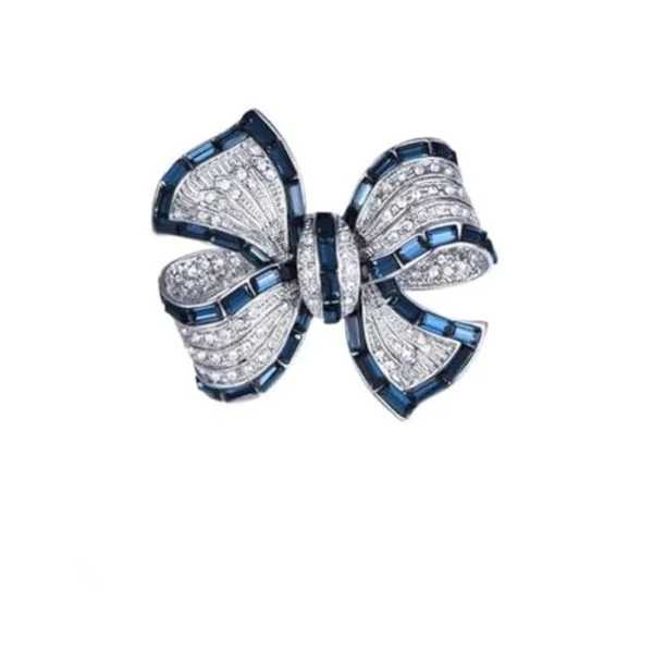Retro Blå Krystal Sløjfe Broche - Mousserende Rhinestone Krave Nål, Bånd Accent, Elegant Dametøj Tilbehør & Smykkegave