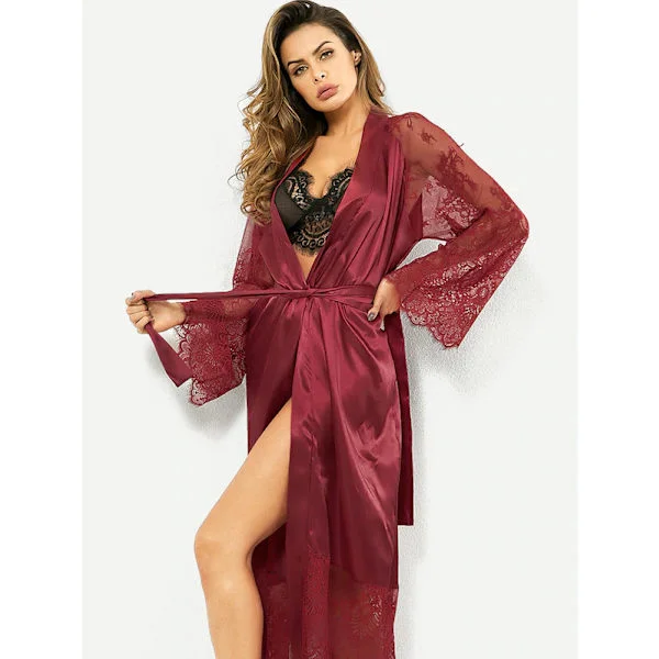 L, Kimono-aamutakit Pitkä Silkki Satiini Musta Kimono-aamutakki