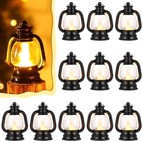 12 Pieces Mini 4 Inch Small Lanterns Table Decoration Vintage Camping Hanging Light Decorations Halloween Christmas Decorations (Black)