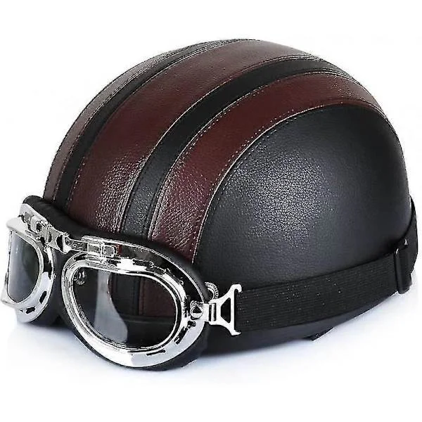Motorcycle Scooter Open Face Leather Half Helmet With Anti-UV Goggles Retro Vintage Style 54-6(bt)