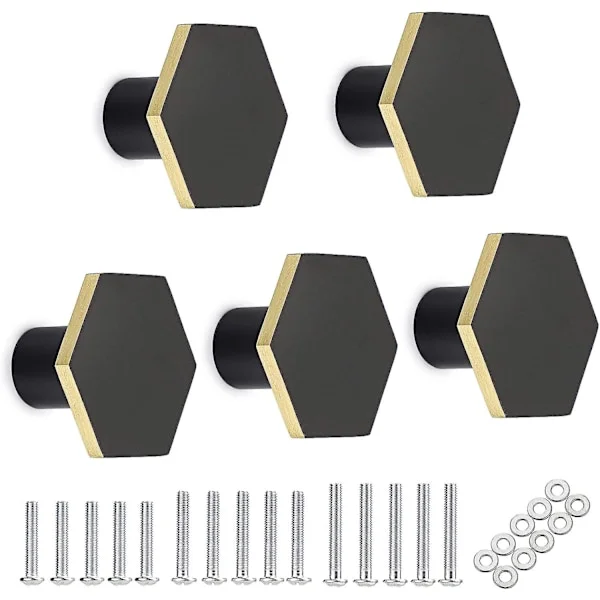 5 st Sexkantigt Dörrhandtag Retro Skåpdörr Knopp, Dekorera Låda, Byrå, Skåp, Garderob etc. (svart) 30mm