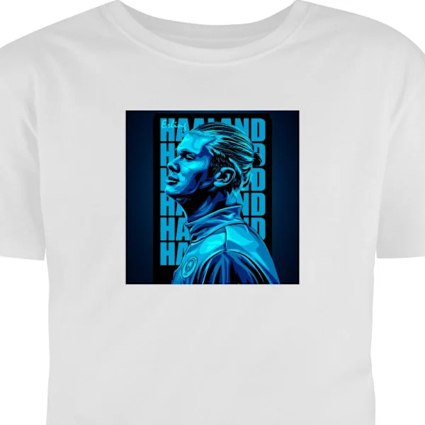 Barn-T-shirt | Bekväm T-shirt för Barn Vit 12-13 År Stilren blåtonat porträtt av Erling Haaland i modern sportdesign