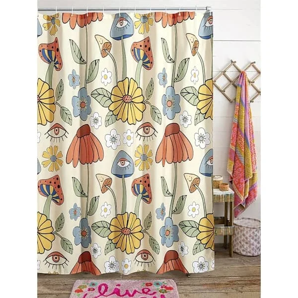 180*180cm Retro 70s Shower Curtain Psychedelic Floral Yellow