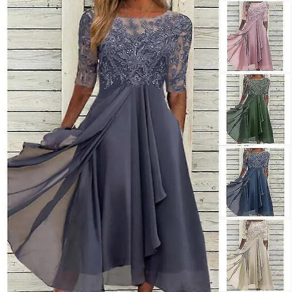 【NX】Spetsapplikation Midi Klänning Kortärmad Aftonklänning Casual All Match Klänning Kompatibel med Bröllop Lila