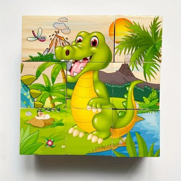 Kuusisivuiset puupalikat, kuutiopalapeli lapsille - Puinen palapeli 9 kuutiota, merieläinteema, opettavainen lelu keskittymiseen [DB] Dinosaurukset 