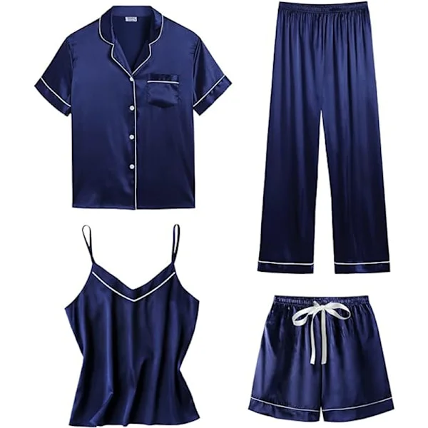 Dam 4-delat pyjamasset i siden satin, nattkläder, sexiga pyjamas, loungewear, marinblå - FF- Navy Blue L