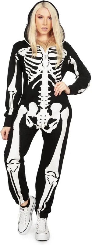 Women's Halloween Skeleton Costume - Comfortable and Simple Adult Jumpsuit Bodysuit - Front and Back Print with Zipper-FX