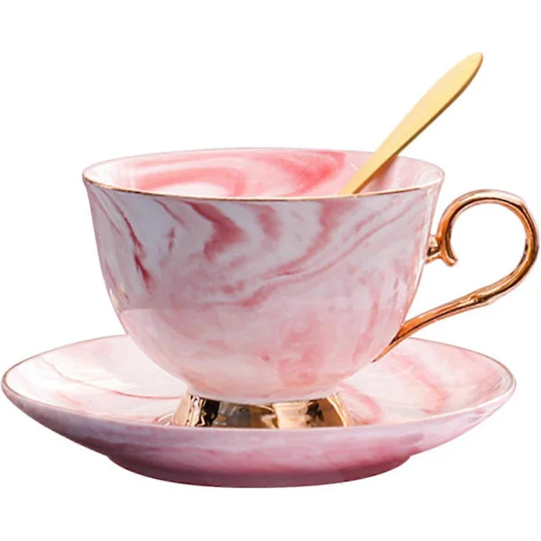 Marmor Keramisk Kopp och Fat Set Kamelia Mönstrad Benporslin Kaffemugg Tekopp Guld Kant med Kaffekopp, 200ml (Rosa)