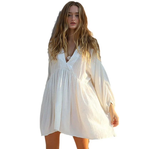 Ny Crinkled Cotton Cardigan Strandöverdrag för Dam, Knäppt Semester Solskydd Kimono Över Bikini