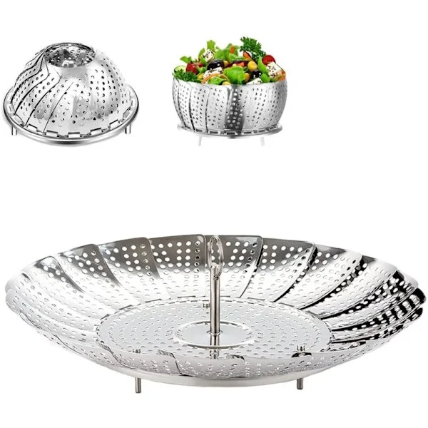 Stainless Steel Steamer Basket, 9" Stainless Steel Steamer for Pressure Cooker, Steamer Basket, Daisy Design - Foldable