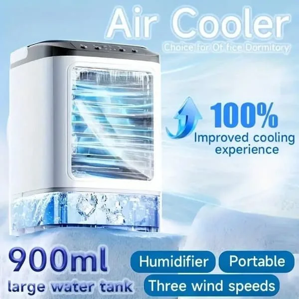 Bærbar Aircondition Ventilator, Mini Luftkøler med Luftfugtning, 900 ml Vandtank, 3 Vindhastigheder