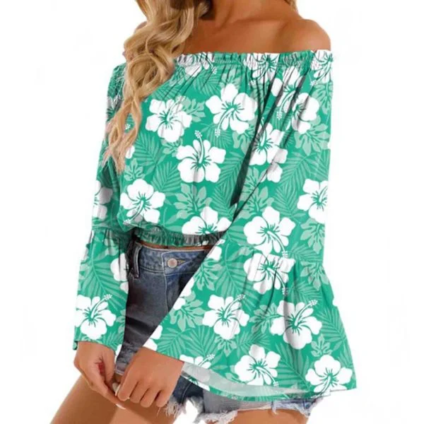 Dame Off Shoulder Top Casual Udsvinget Langærmet Flæsebluse Rynket Løs Elegant Skjorte Grøn M