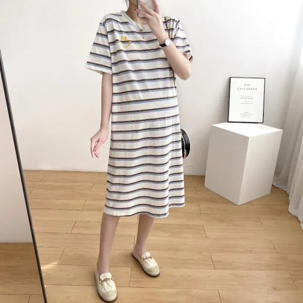 T-shirt kjole casual medium længde moderigtig graviditetskjole kort ærme løs pasform enkel stribet print blå hvid L