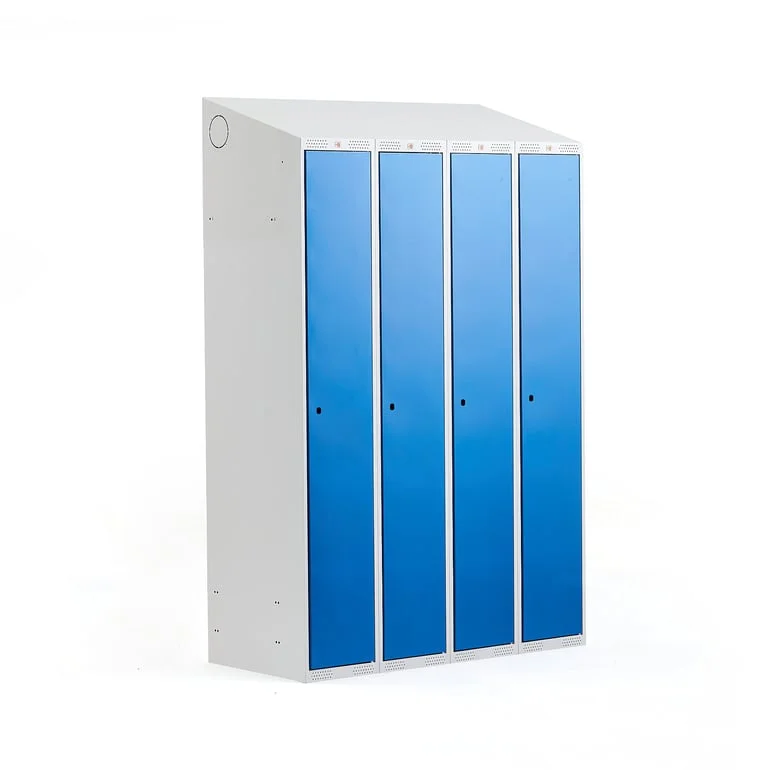 Garderobeskap CLASSIC, 4 seksjoner, skrått tak, 1900x1200x550 mm, blått metallskap - AJ Produkter