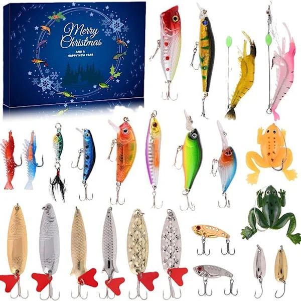 Fiskekalender - Medium Fiskedrag, Fiskedrag för Fiske, Fiskedrag Set Adventskalender Blind Box Galen Gåva för Fiskeälskare (24st)