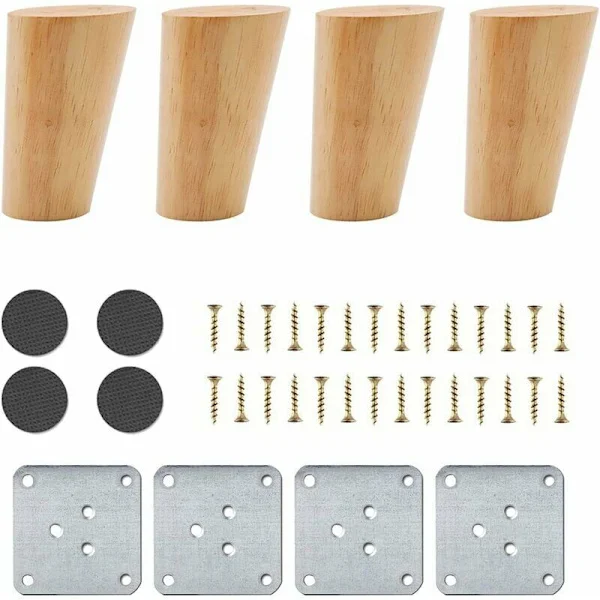 Set med 4 Träben, 8 cm Vinklade Koniska Möbelben, Massivt Ekträ Ersättningsbordben, Möbelben med Monteringsbrickor, Skruv