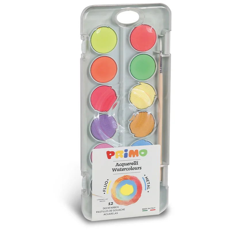 Primo Vandfarver 12-sæt Fluo+Metallic Ø30 + pensel