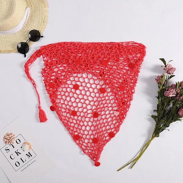 Sommer bestseller håndhæklet bånd hul paljett bikini top kjole Rosrød[HK] Rose red