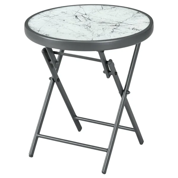 Foldebord, klapbord i glas med marmorlook, lille campingbord, rundt sofabord, altanbord til altan, terrasse, stue, kontor, 45 x 45 x 50 cm, hvid