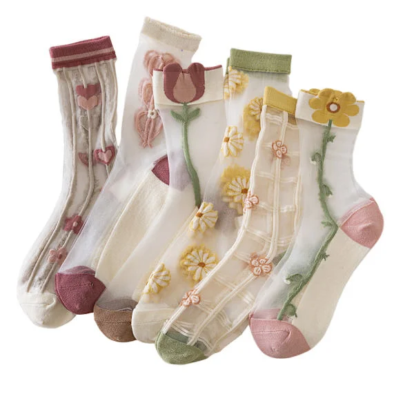 6 Pairs Women's Summer Mid-Calf Socks, Tulip Pattern Clear Crystal Glass Silk Sheer Socks, Breathable Lightweight Casual Socks