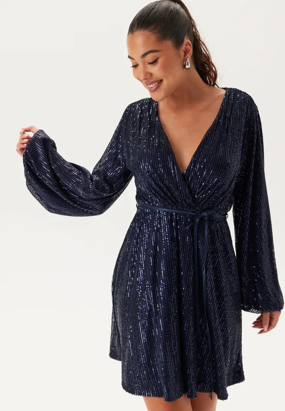 Bubbleroom Occasion - Sequin Balloon Sleeve Dress - Dark blue