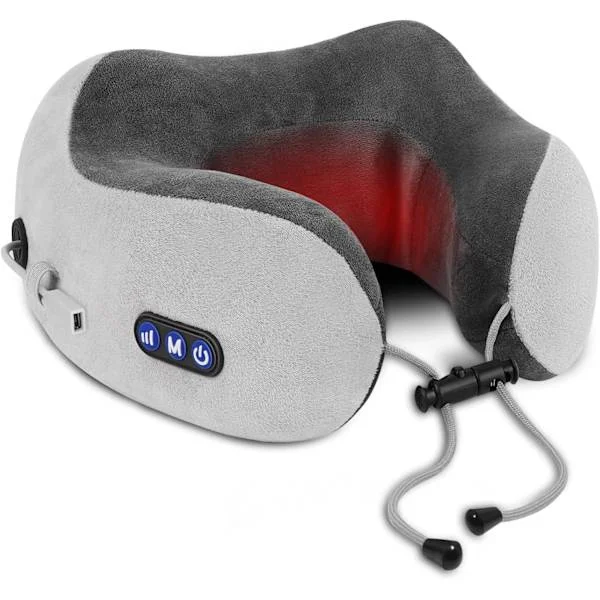 Reisepute for nakke/Elektrisk nakkemassasje med varme, memory foam-pute for lindring av nakkesmerter, nakkestøttepute for fly, bil, kontor (grå)