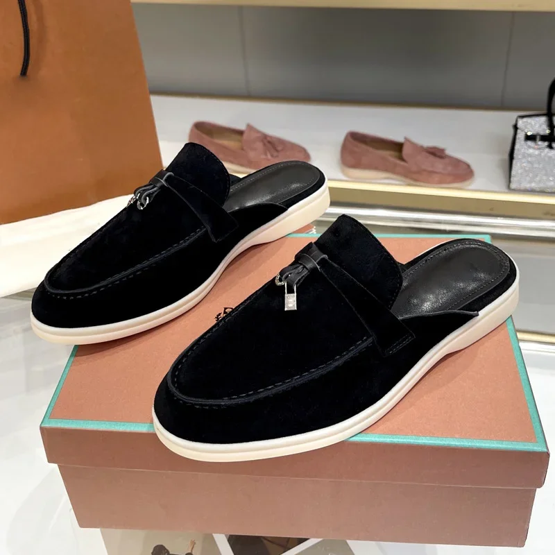 AliExpress - British Style Round Toe Deer Skin Tassel Terry Flat Mule Slippers - Women's Comfortable Home Lazy Slip-Ons