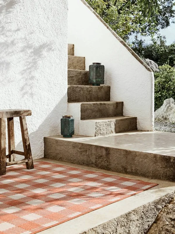 Gingham Binnen-/Buitenkleed Wasbaar 140X200 Klein Roestrood/Wit Geblokt Vloerkleed
