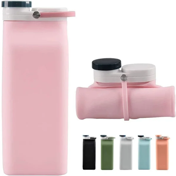 Foldable Water Bottle, BPA-free - 590 ml Foldable Water Bottle for Travel, Sports Water Bottle, Triple Leak-proof Lightweight (Pink)
