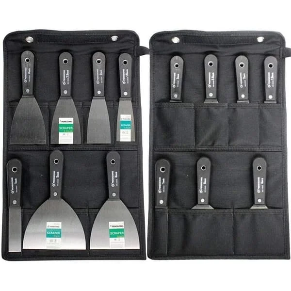 Set med 7 spackelspadar i rostfritt stål, bladlängd 2,5 till 12,7 cm, förvaringsväska ingår, halkfria handtag