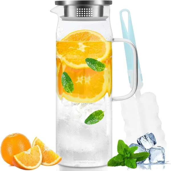 Water carafe, glass jug, glass pot with lid and handle - 1.5 liters
