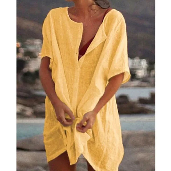 Dame Oversize Bomulds T-shirt Strandkjole, Bikini Cover Up Med Rund Halsudskæring, Knaplukning