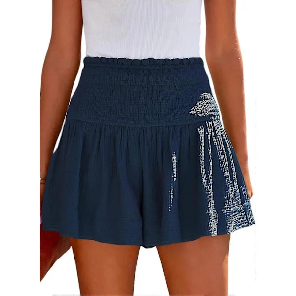 Women's Cotton High Elastic Waist Pleated Ruffle Cute Shorts Beach Flowy Casual Shorts S-xl Blue X-Large