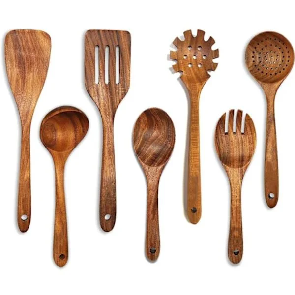 Köksset köksredskap 7-delars set - träbestick non-stick panna träspade långt handtag massivt trä soppslev set