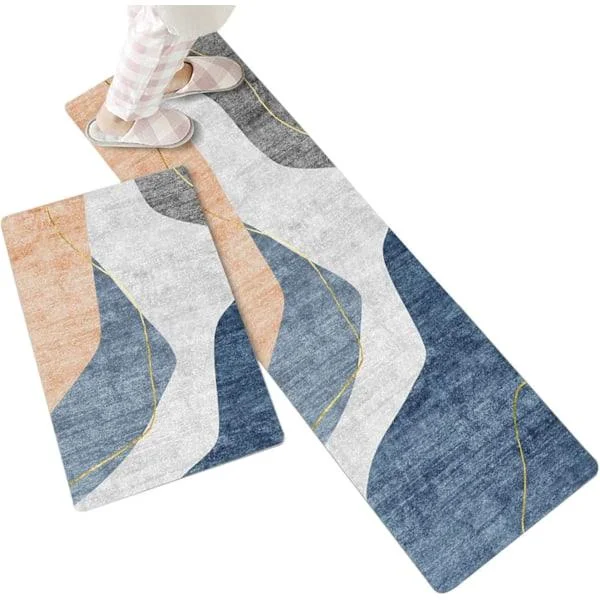 Non-Slip Kitchen Mat for In Front of Sink, Geometric Pattern, Set of 2 Absorbent Kitchen Floor Mats, Soft Runner Mat 40 * 60+40 * 120cm (Style 2)【PL】