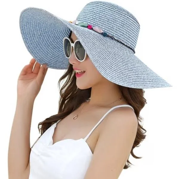 Stråhat Dame - Stor Skygge med Rosette, solbeskyttende hat med bred skygge - foldbar visirhat - Sommerhat