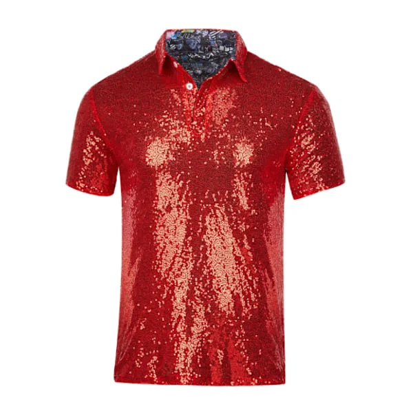 Glitter Paljetter Kort Erme Nedbrettbar Glitter Polo T-skjorte for Menn Rød Rød