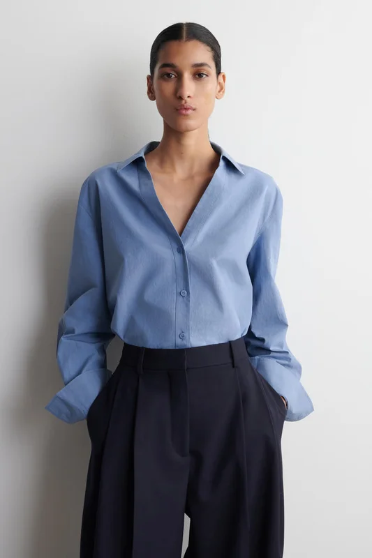 COS Women's Camicia In Popeline Di Cotone Con Colletto Aperto in Blu