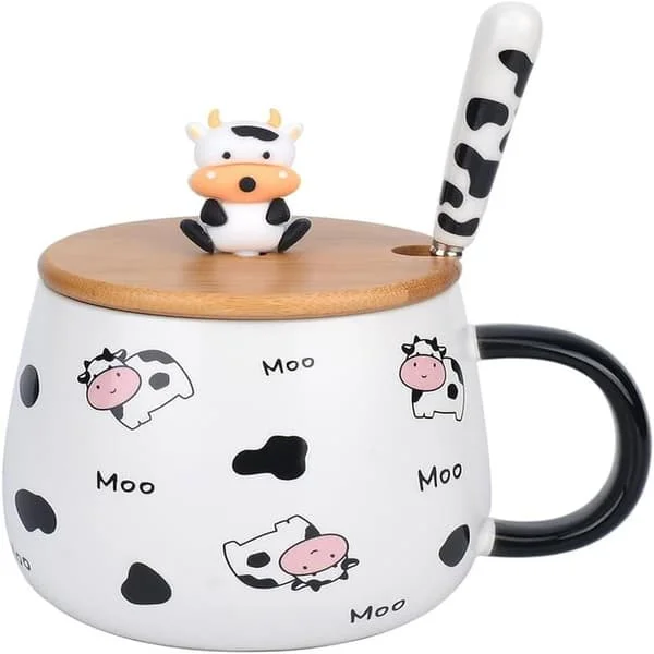 Søt kaffekopp med dyremotiv, lokk og skje, søte gaver med kumønster, keramisk tekopp, Kawaii-kopp, kaffekoppgave - 480 ml