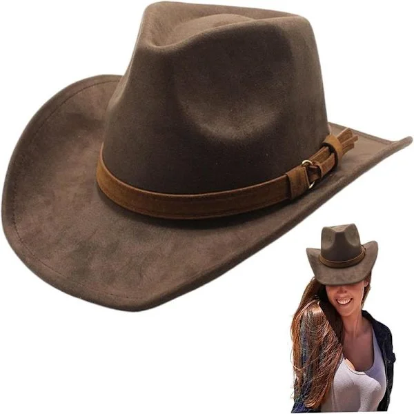 Brun cowboyhat, bredskygget cowboyhat westernhat brun cowboyhat med bæltespænde ruskind cowgirlhat til mænd og kvinder udklædningsfest