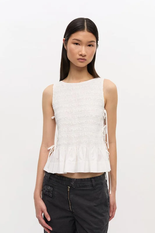 Cotton Poplin Smock Tie String Top Bright White 42
