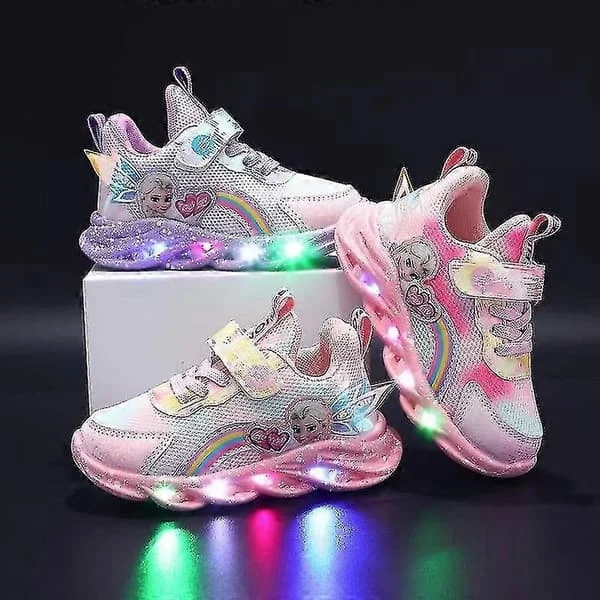 {xjxj} Flickor LED Casual Sneakers Elsa Princess Tryck Utomhusskor Barn Lysande Halkfria Skor Kompatibla med Vår och Vinter - Rosa