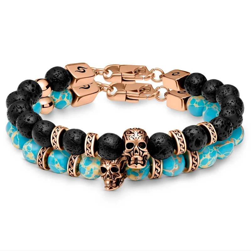 Rico Rose Gold-tone Lava Rock and Turquoise Imperial Jasper Skull Bracelets for Men - Beaded bracelets