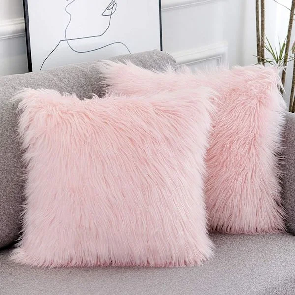 Sett med 2 rosa fluffy putetrekk, ny luksuskolleksjon i merinostil, rosa fuskepels, dekorative pynteputer, firkantede, lodne putetrekk 45x45 cm