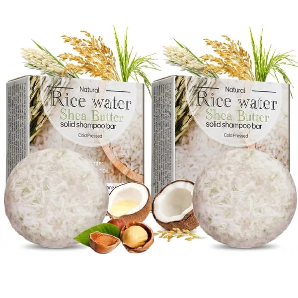 Risvand Solid Shampoo Bar 2-pak, Naturlig Risvand & Sheasmør Shampoo Sæbebar til Hår, Koldpresset Fugtgivende Shampoo Bar, Sulfatfri