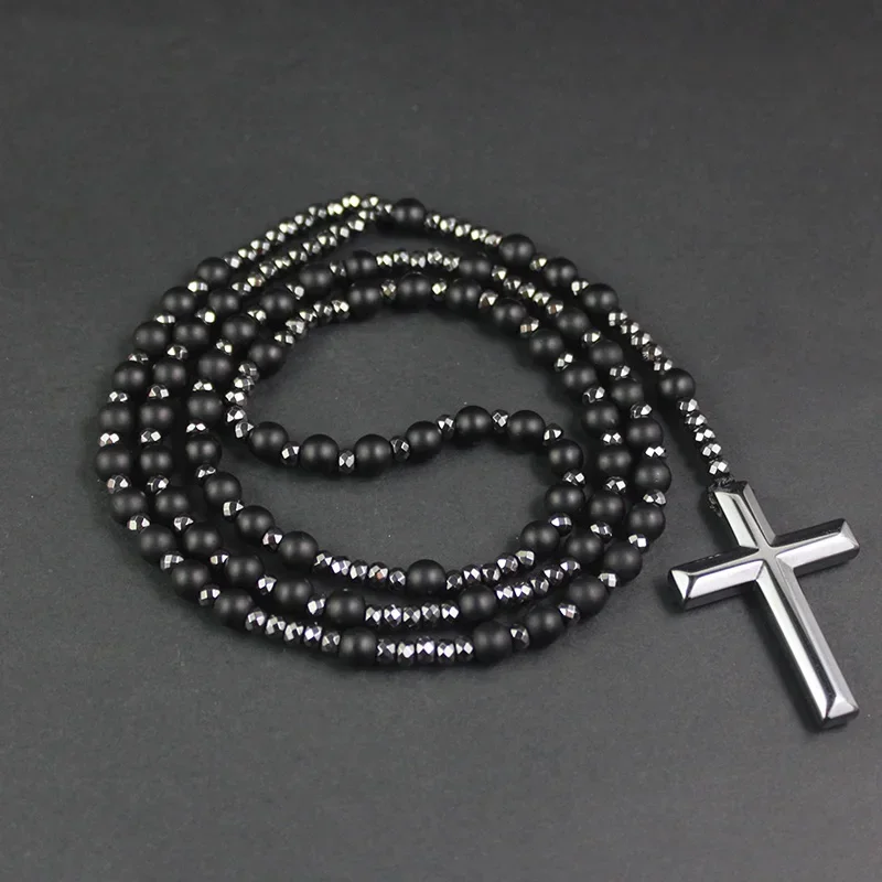 AliExpress - Collier Long avec Pendentif Croix pour Homme et Femme, Pierre Naturelle Obsidienne Noire, Œil de Tigre, Lapis Lazuli, Perles Rondes, 6mm