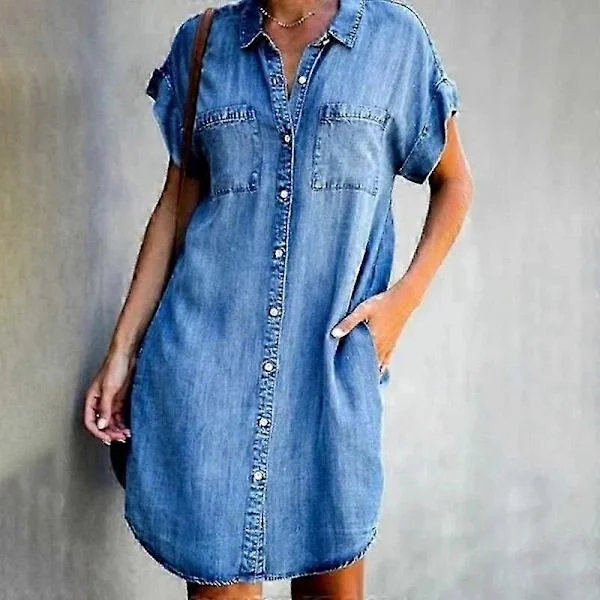 Ankomst Sommer Dame Denim Kjole Korte Ermer Løse A-Ord Kjoler S V-hals Solid Denim Kjoler Skjortekjole 17139
