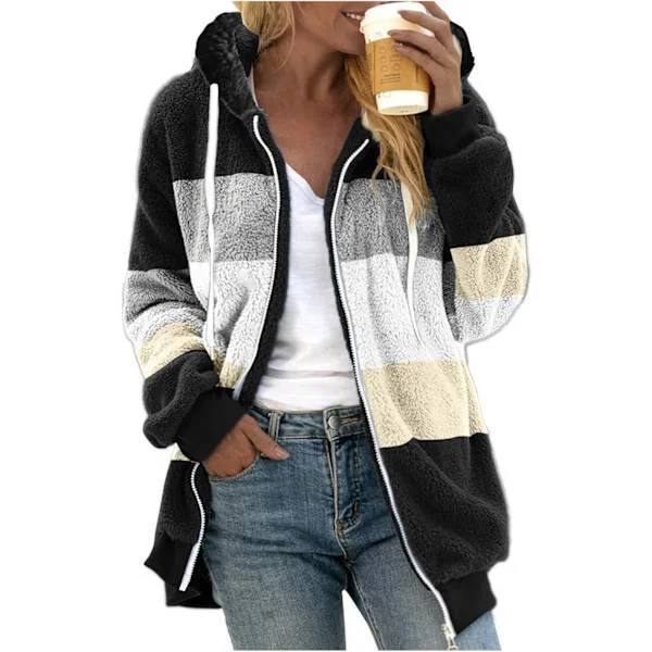 Hooded jacka dam teddy fleece kappa övergångsjacka med huva med fickor dragkedja höst vinter plyschjacka fleecejacka vinter M J Black