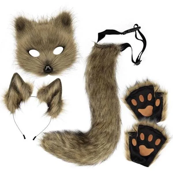 Plush mask with fox tail and ears set, cat tail fox costume cosplay costume with cat ears and paw gloves halloween cosplay green